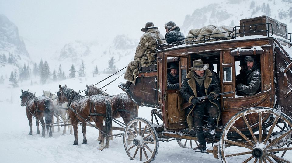 A stagecoach in a blizzard, passengers in fur coats