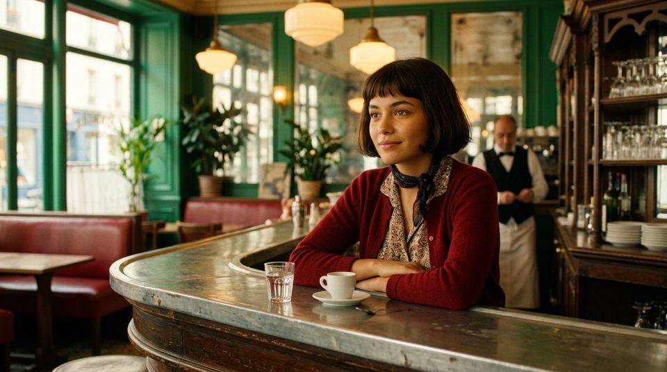 A woman with a fringe at a café counter, green walls and red benches