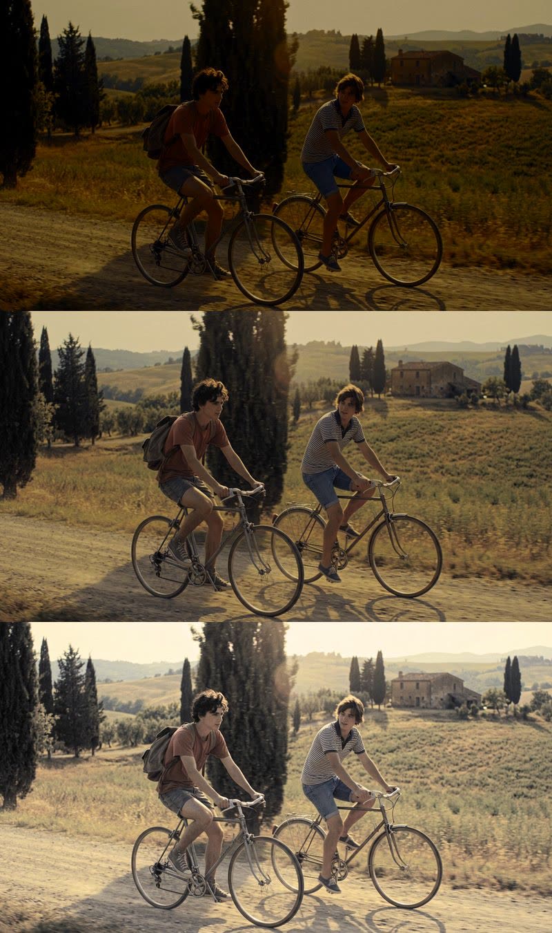 The cyclists graded with Orange Haze 2050 at Preserve Luminance 0%: dark, deep gold